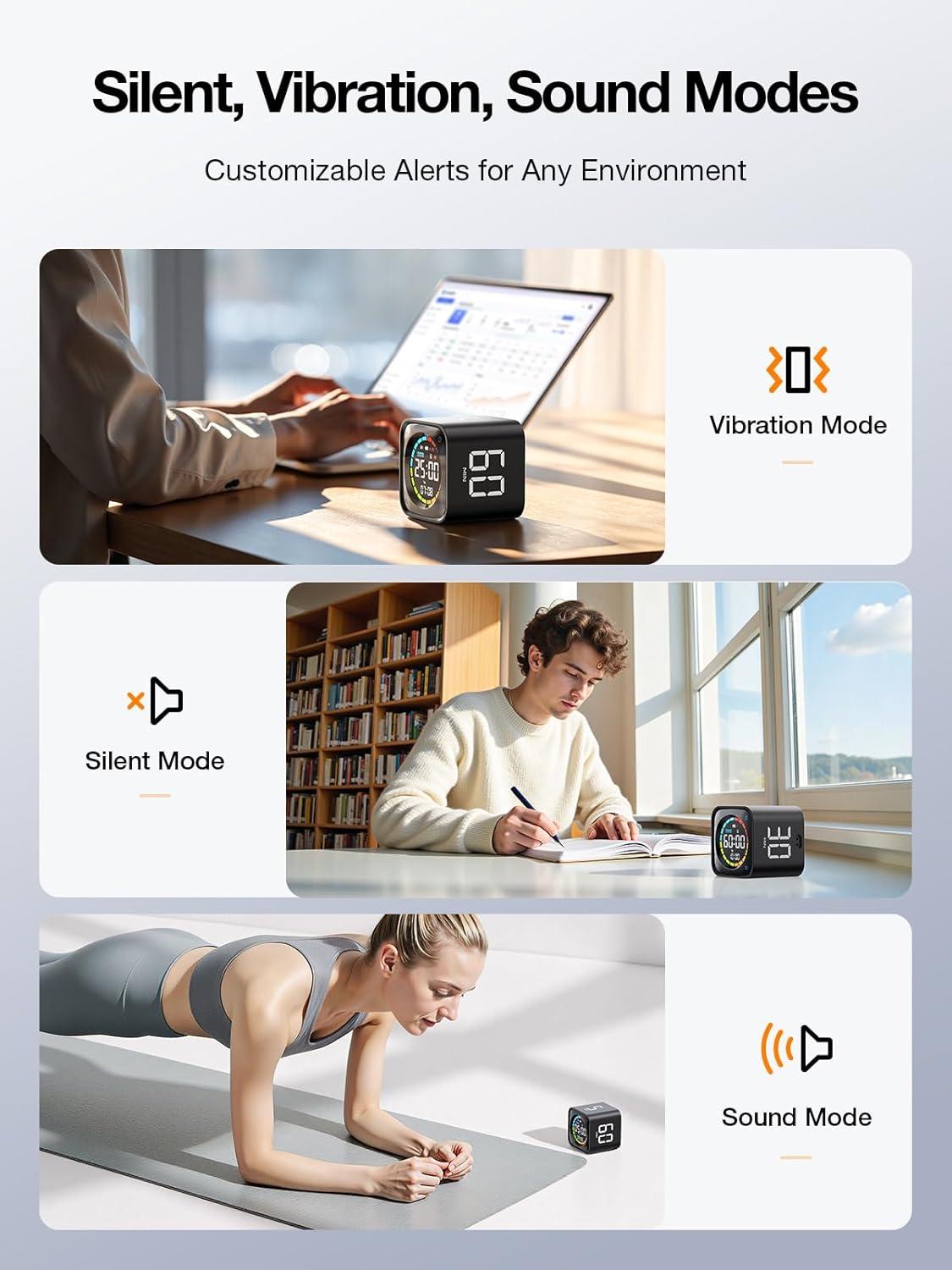 image:imageTK3 Pomodoro Timer Cube Desk Productivity Timer with 5103060 Min Presets Custom Countdown Stopwatch Clock 3 Alarm Silent Vibrate amp Sound Alert for Task ADHD Study Kitchen BlackObsidian Black