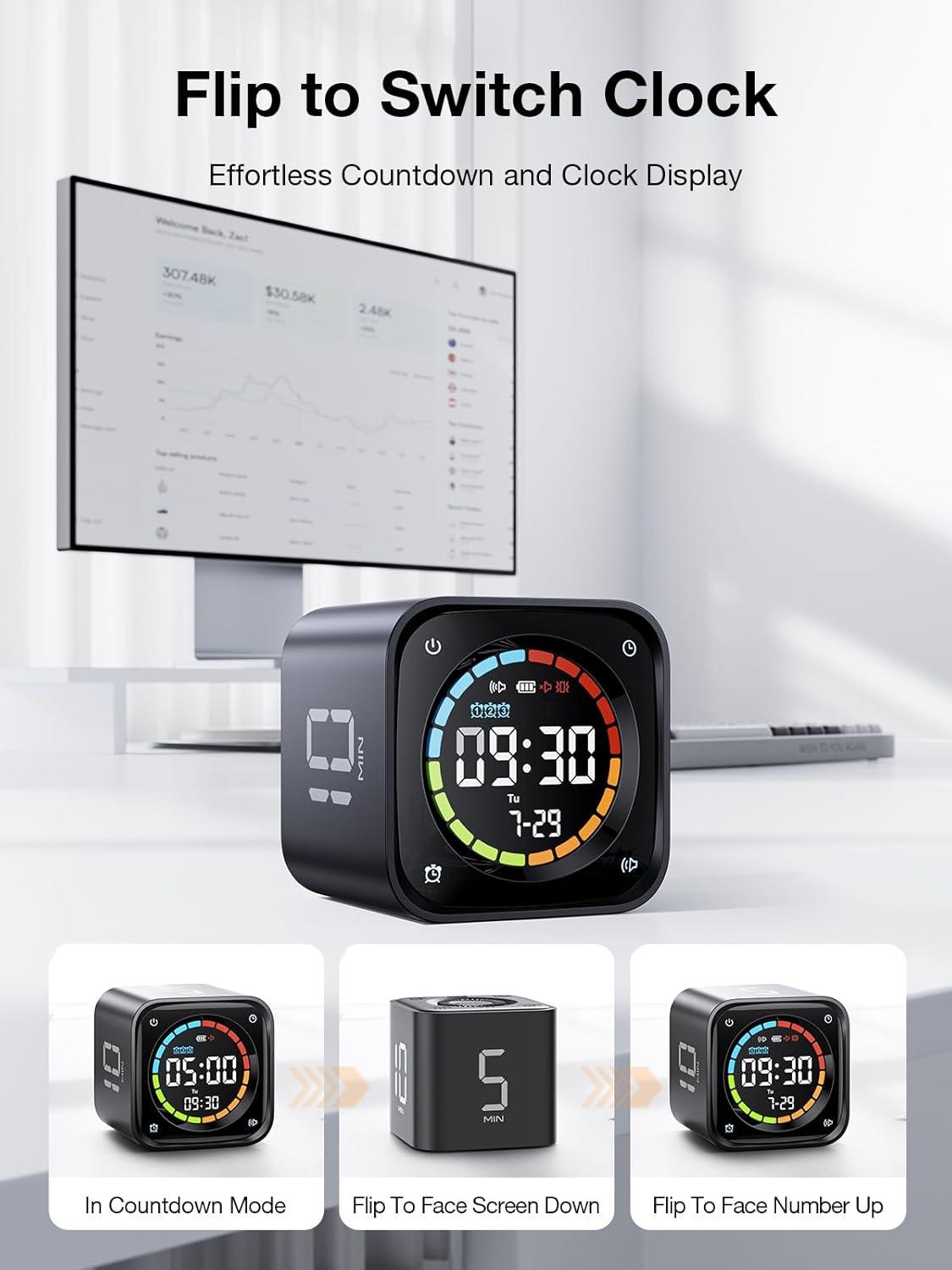 image:imageTK3 Pomodoro Timer Cube Desk Productivity Timer with 5103060 Min Presets Custom Countdown Stopwatch Clock 3 Alarm Silent Vibrate amp Sound Alert for Task ADHD Study Kitchen BlackBlack
