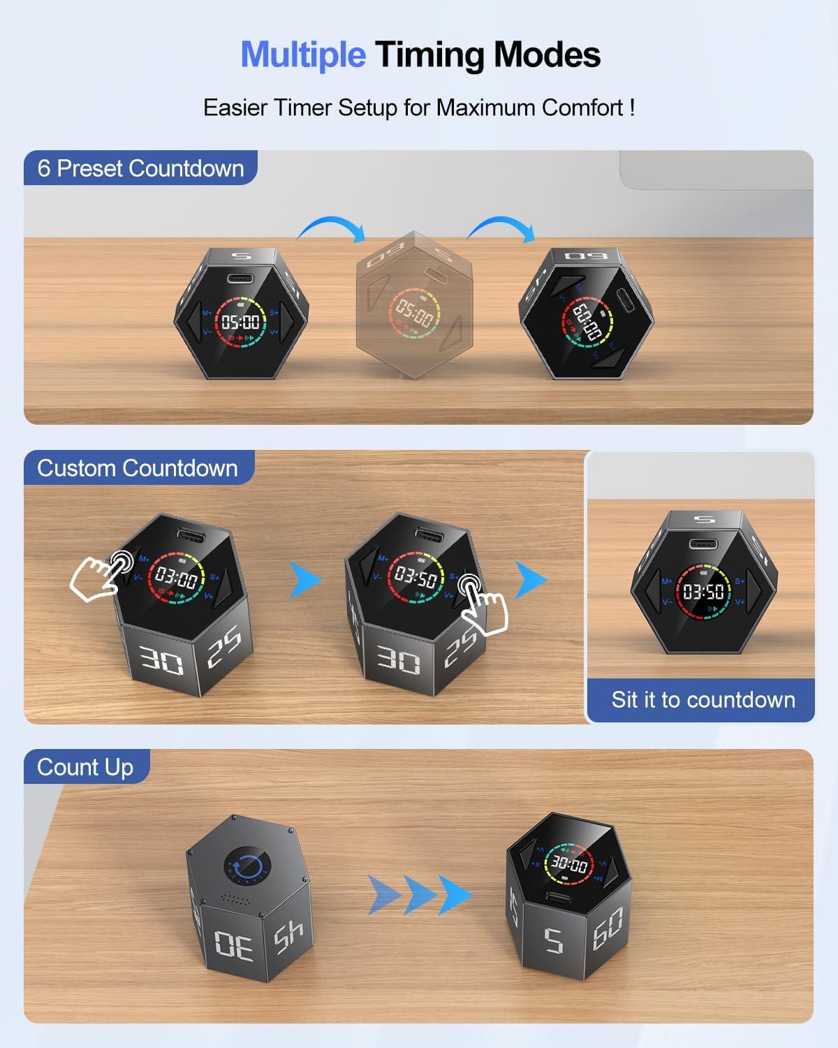 image:imageTicktime Pomodoro Timer Cube Hexagon Productivity Timer Pause amp Resume Silent Vibrate amp Adjustable Sound Alert for ADHD Task Work Study 51525304560min amp Custom CountdownGrayGray