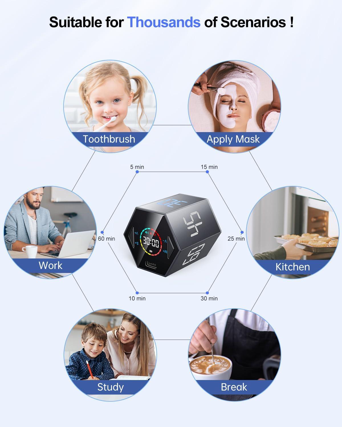 image:imageTicktime Pomodoro Timer Cube Hexagon Productivity Timer Pause amp Resume Silent Vibrate amp Adjustable Sound Alert for ADHD Task Work Study 51525304560min amp Custom CountdownGrayGray