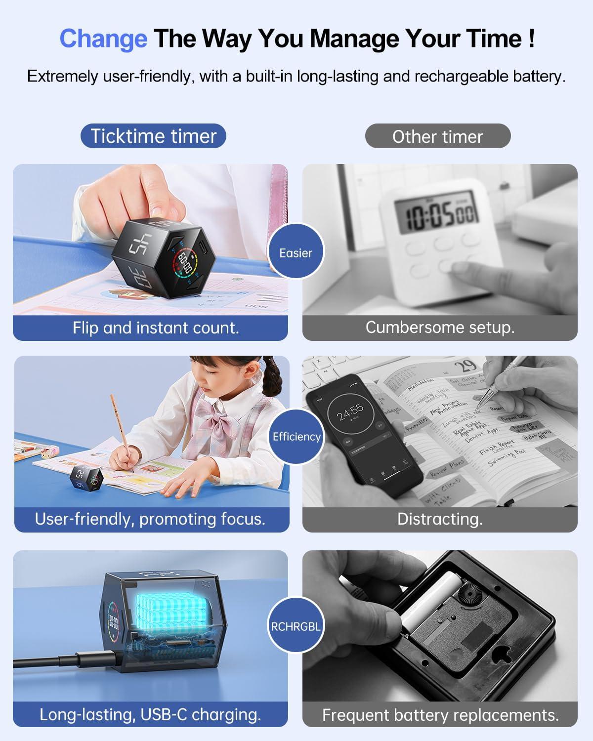 image:imageTicktime Pomodoro Timer Cube Hexagon Productivity Timer Pause amp Resume Silent Vibrate amp Adjustable Sound Alert for ADHD Task Work Study 51525304560min amp Custom CountdownGrayGray