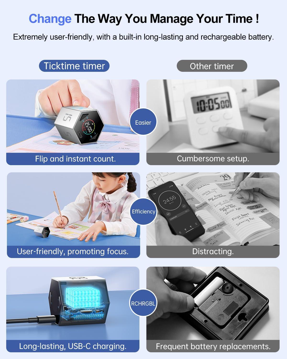 image:imageTicktime Pomodoro Timer Productivity Timer Cube 51525304560 Min Presets Custom Countdown amp Stopwatch 1s99m59s SoundVibrationSilent Magnetic Rechargeable for ADHD Study WorkVioletSilver