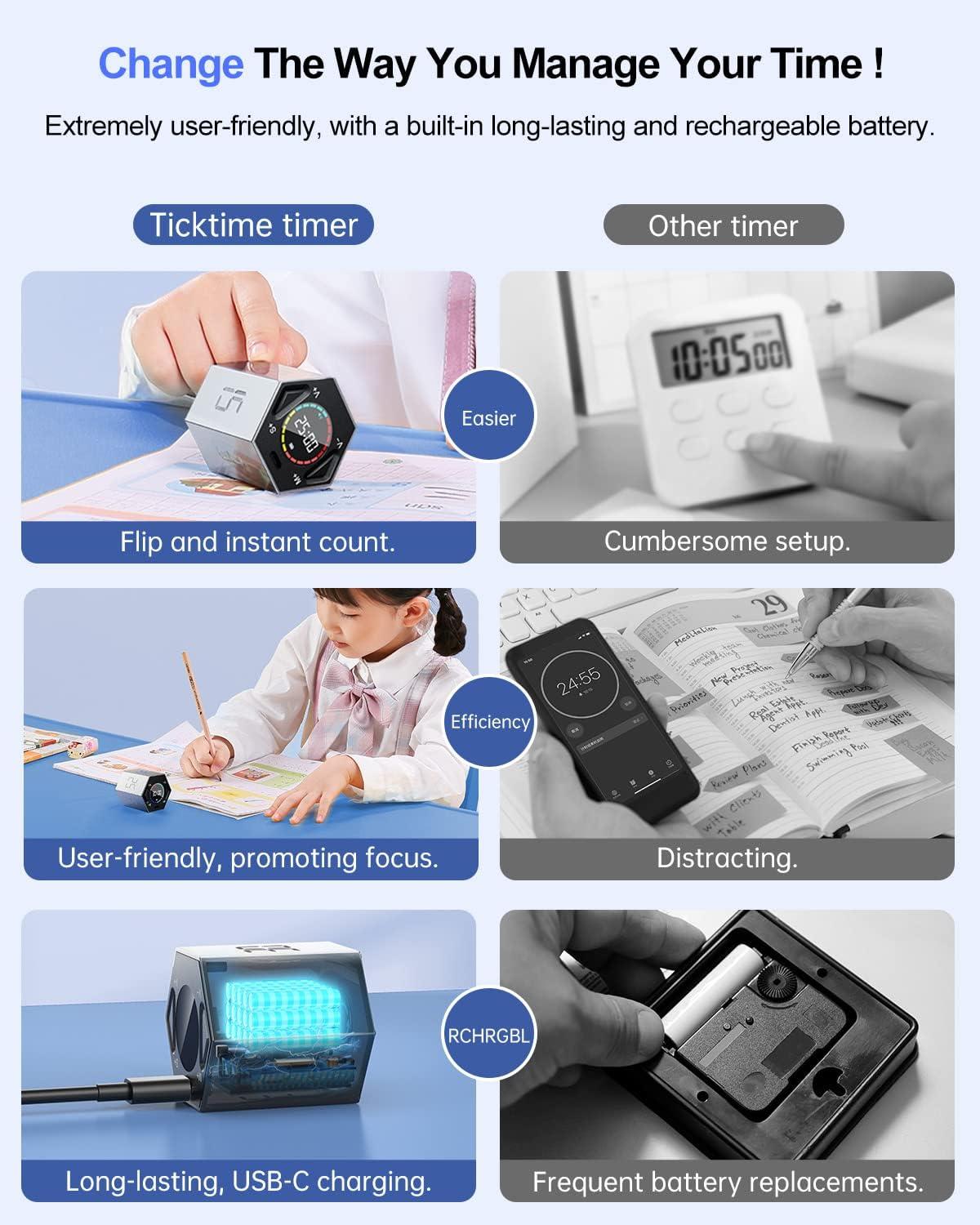 image:imageTicktime Pomodoro Timer Productivity Timer Cube 51525304560 Min Presets Custom Countdown amp Stopwatch 1s99m59s SoundVibrationSilent Magnetic Rechargeable for ADHD Study WorkVioletGray