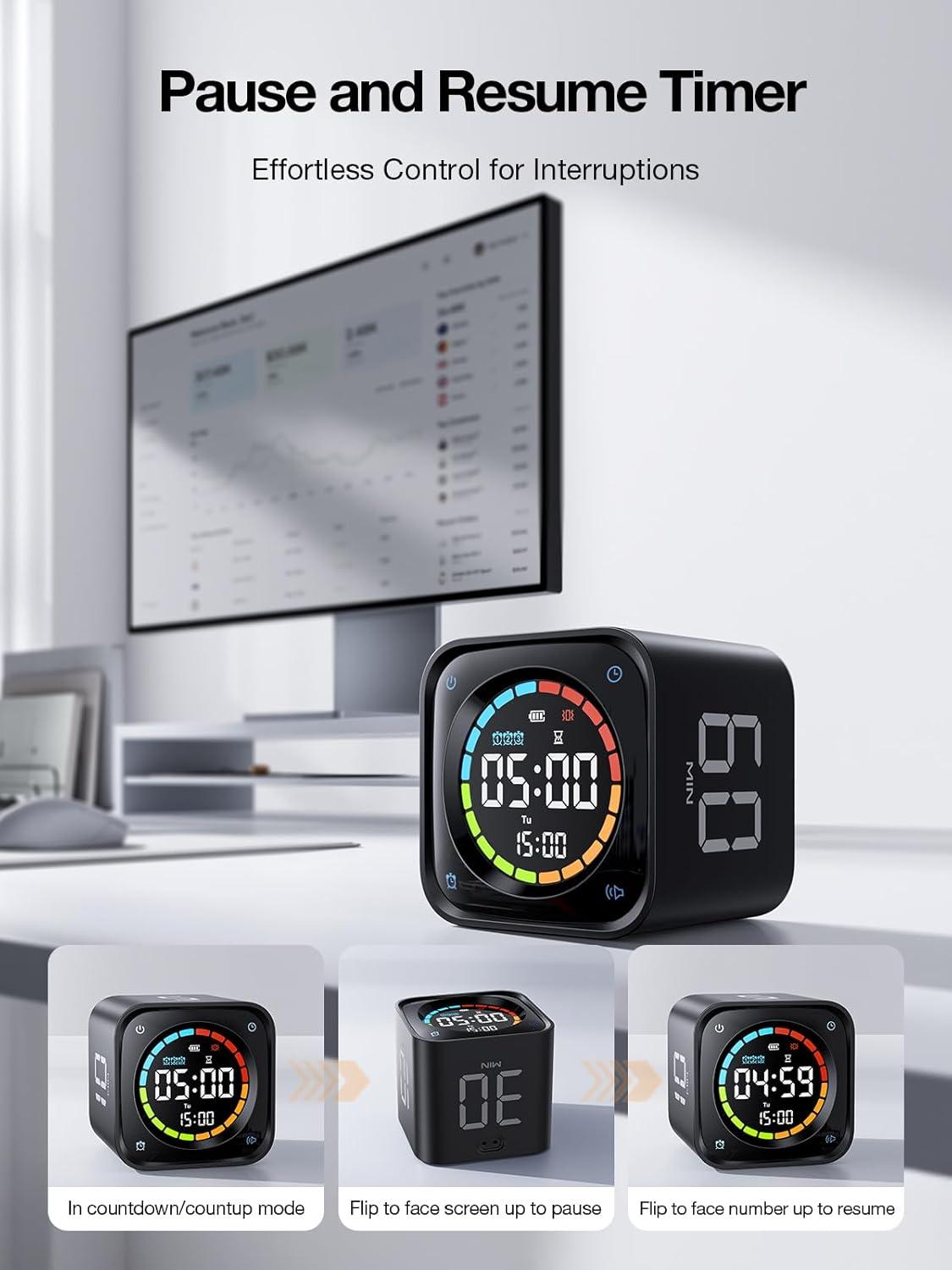 image:imageTicktime TK3 Pomodoro Timer Cube Productivity Timer 5103060 Min Presets Custom Countdown Stopwatch amp Clock Triple Alarms SilentVibrationSound Alerts Rechargeable for ADHD Study Task WhiteBlack