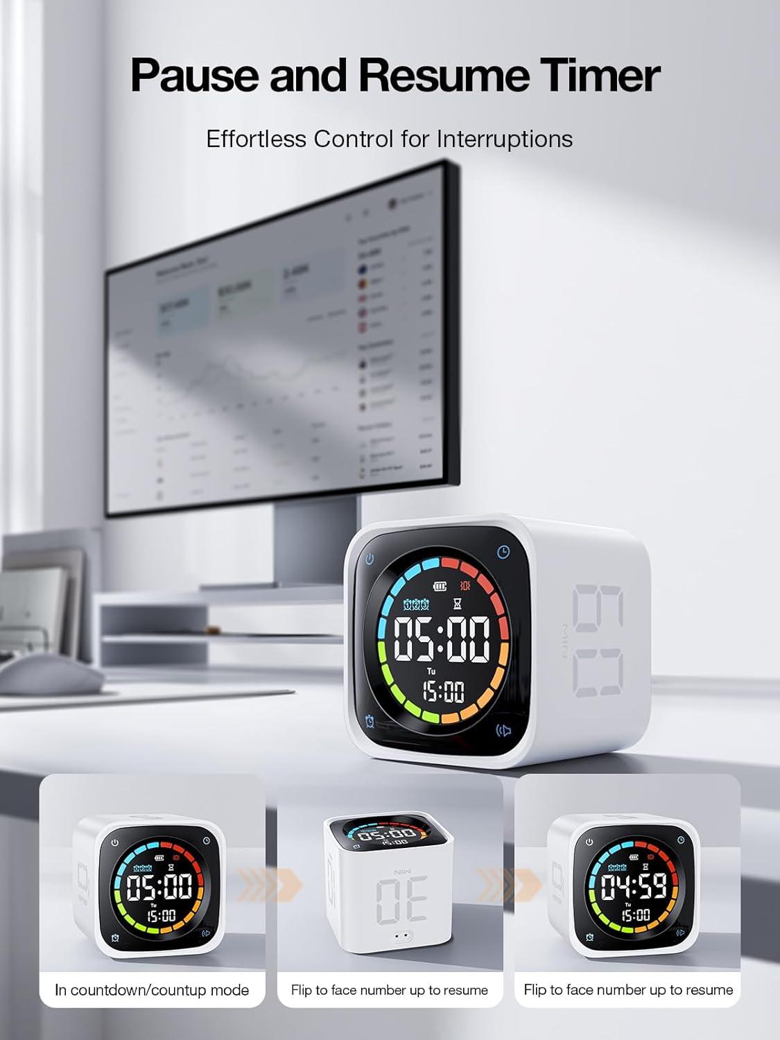 image:imageTicktime TK3 Pomodoro Timer Cube Productivity Timer 5103060 Min Presets Custom Countdown Stopwatch amp Clock Triple Alarms SilentVibrationSound Alerts Rechargeable for ADHD Study Task WhiteWhite