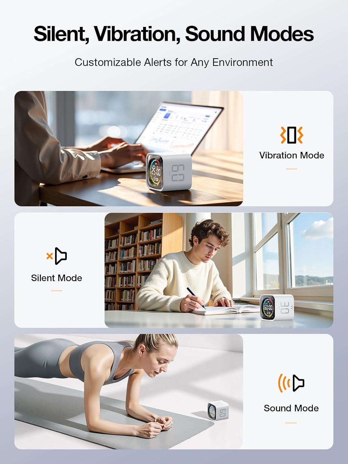 image:imageTicktime TK3 Pomodoro Timer Cube Productivity Timer 5103060 Min Presets Custom Countdown Stopwatch amp Clock Triple Alarms SilentVibrationSound Alerts Rechargeable for ADHD Study Task WhiteWhite