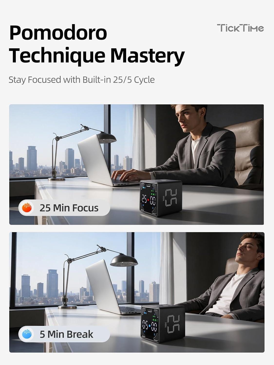 image:imageTicktime Pomodoro Timer Cube with 255 Auto Cycles 5253060 Min Presets Custom Timer Stopwatch Magnetic Rechargeable Silent Vibrate amp Sound for Task ADHD Study Work Meeting BlackJet Black