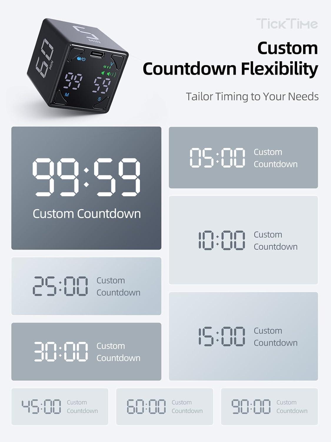 image:imageTicktime Pomodoro Timer Cube with 255 Auto Cycles 5253060 Min Presets Custom Timer Stopwatch Magnetic Rechargeable Silent Vibrate amp Sound for Task ADHD Study Work Meeting BlackJet Black