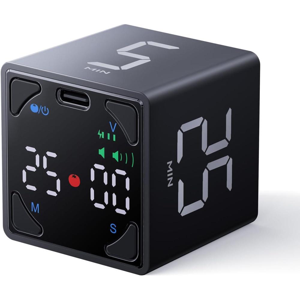 image:imageTicktime Pomodoro Timer Cube with 255 Auto Cycles 5253060 Min Presets Custom Timer Stopwatch Magnetic Rechargeable Silent Vibrate amp Sound for Task ADHD Study Work Meeting BlackJet Black